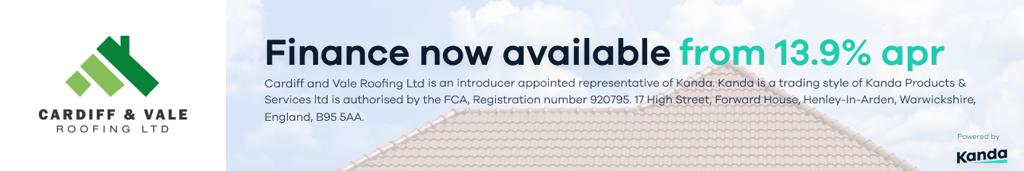 Logo of Cardiff & Vale Roofing Ltd with a green and grey geometric design and text detailing finance options.